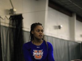 Tasha Dembo prepares to serve during a Marauders match in 2019